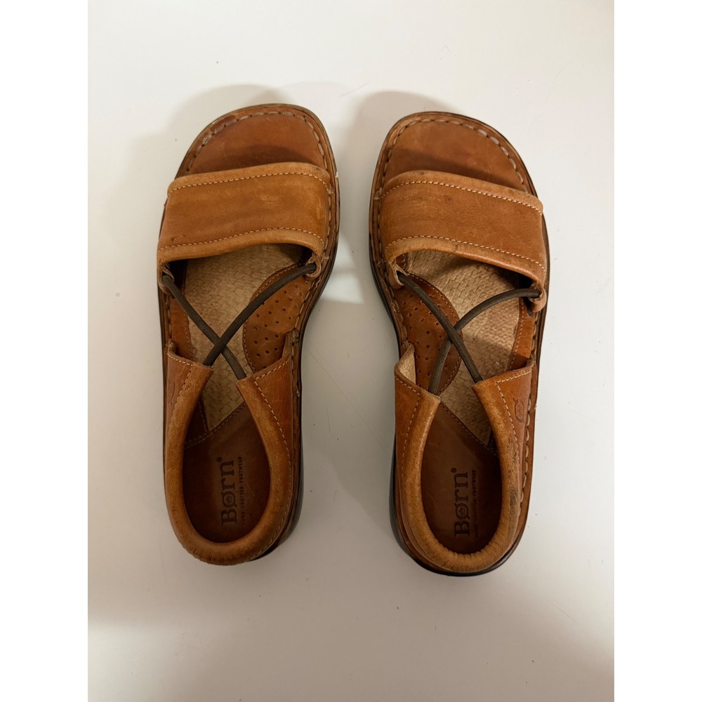 Born Handcrafted Leather Sandals Womens 6.5 Tan Brown Slip On Elastic - Picture 5 of 7